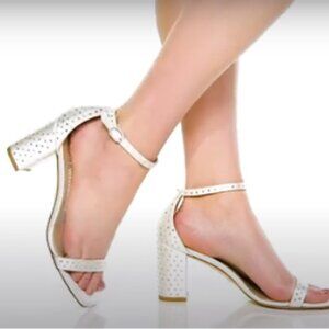 NWT Stuart Weitzman Nudistcurve 75 Block Shine Sandal White/Moonlight sz 8B